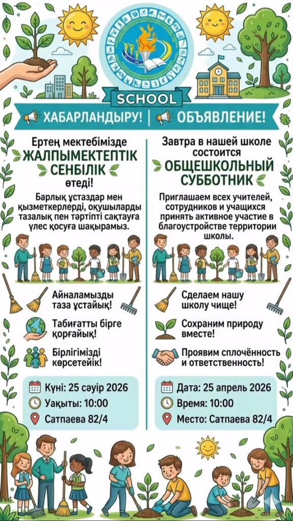 📢 ХАБАРЛАНДЫРУ! Ертең мектебімізде 🌿 ЖАЛПЫМЕКТЕПТІК СЕНБІЛІК 🌿 өтеді! Барлық&hellip;